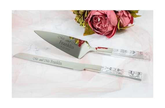 12 Personalized Wedding Cake Knife and Server Set Free Engraving, Heart  Shape Handle, Color (Rose Gold)