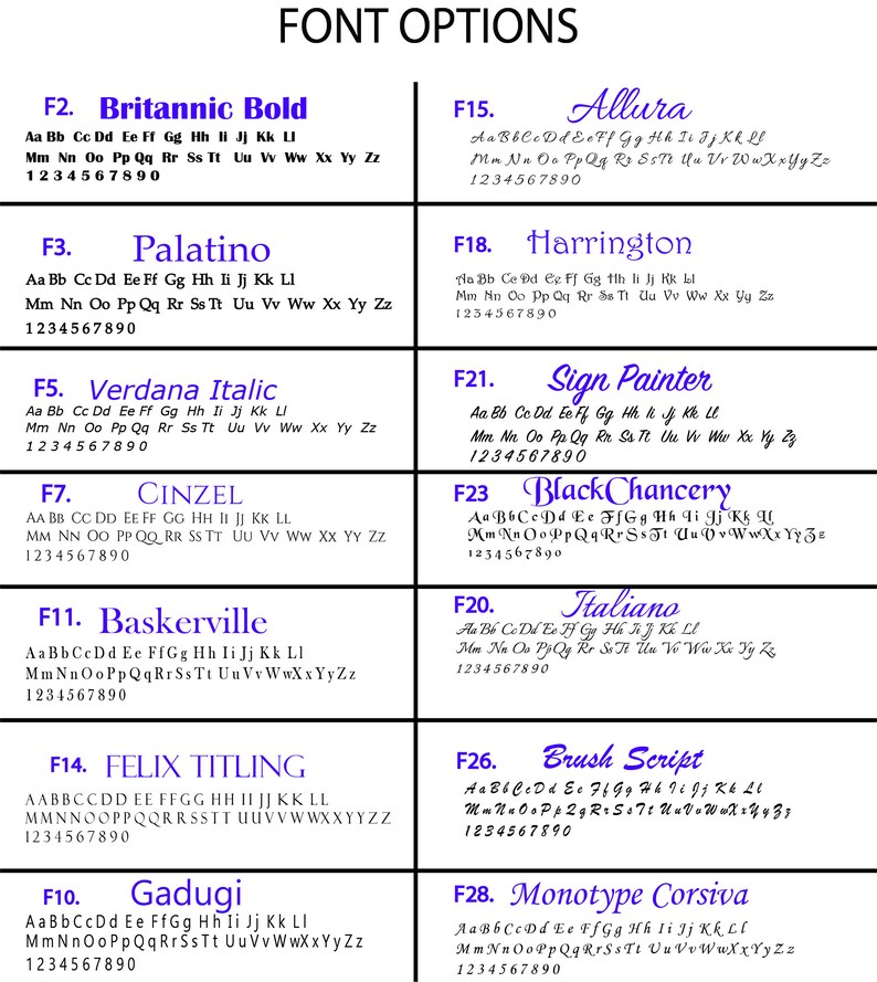 Puede incluir: Un gr&aacute;fico con 10 estilos de fuente diferentes, cada uno con un nombre y una muestra de la fuente. Los nombres de las fuentes son: Britannic Bold, Allura, Palatino, Harrington, Verdana Italic, Cinzel, Baskerville, Sign Painter, Black Chancery, Italiano, Felix Titling, Gadugi, Brush Script y Monotype Corsiva.