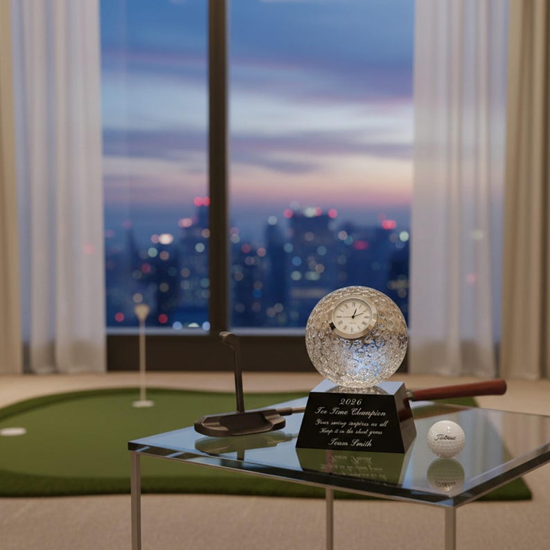 Ravanox Personalized 5" Clear Crystal Golf Ball Clock Award, Custom Engraved Glass Desk Clock for Golfers, Golf Trophy immagine 8