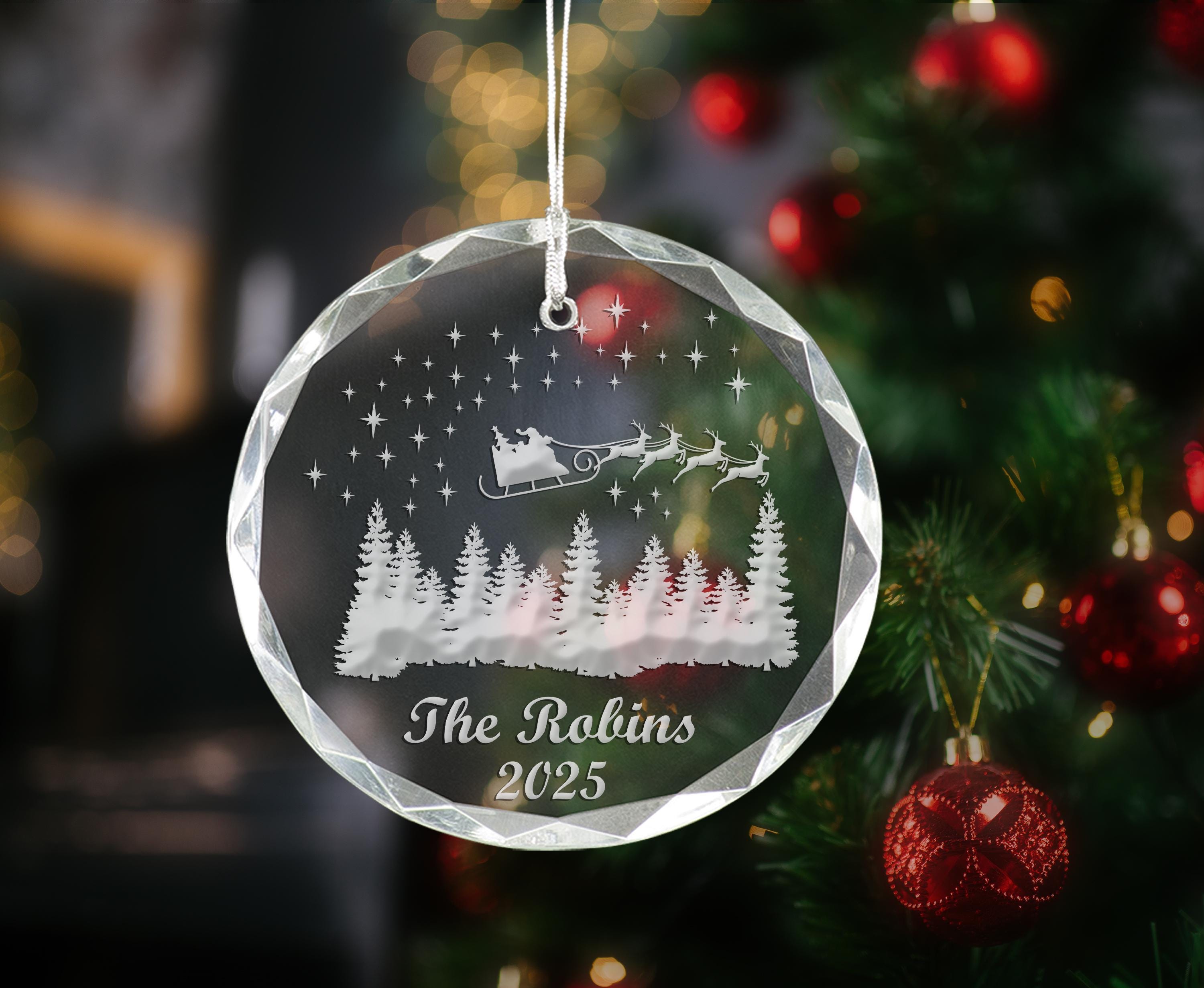 Personalized Santa's Sleigh Hand Sand Carved Christmas 3 1/4" Round Clear Glass Ornament with Silver String for Christmas Tree, Holiday 2025