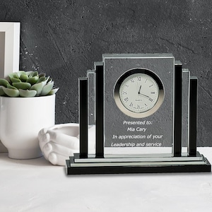 Ravanox Personalized 6" Clear Crystal Desk Clock with Black Trim Award, Custom Engraved Glass Clock for Employee Appreciation, Recognition