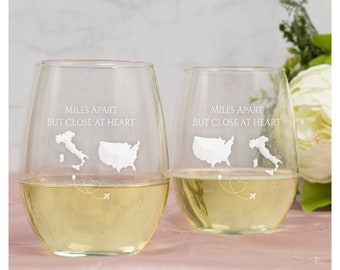 Miles Apart But Close At Heart Stemless Wine Glass, COUNTRY TO COUNTRY Engraved International Long Distance Relationship Wine Glasses