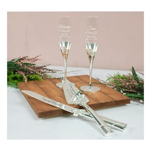 Lenox True Love Silver Personalized Wedding Cake Cutting Set Bundle / Includes Engraved Wedding Champagne Flutes & Cake Knife and Server Set