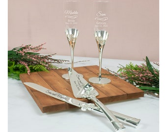 Lenox True Love Silver Personalized Wedding Cake Cutting Set Bundle / Includes Engraved Wedding Champagne Flutes & Cake Knife and Server Set