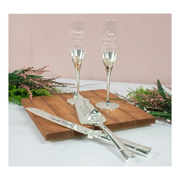 Lenox True Love Silver Personalized Wedding Cake Cutting Set Bundle / Includes Engraved Wedding Champagne Flutes & Cake Knife and Server Set