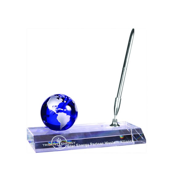 Personalized 7" x 3" Desk Pen with Blue Crystal Globe Pen Holder and Name Plaque / Custom Engraved Glass Desk Accessories