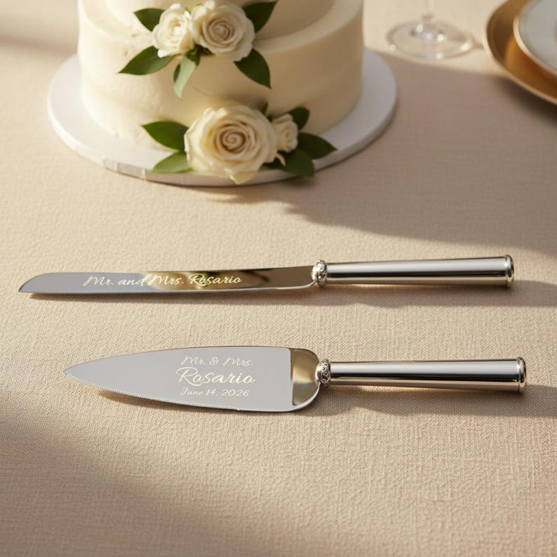 K&ouml;nnte beinhalten: Ein silberfarbenes Tortenmesser- und Tortenheber-Set mit polierten Metallgriffen. Das Messer ist mit "Mr. and Mrs. Rosario" graviert und der Tortenheber zeigt den Text "Mr. & Mrs. Rosario" gefolgt vom Datum "June 14, 2026" in Schreibschrift.