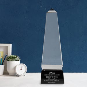 Personalized 8" Crystal Obelisk on Black Base Award Statue, Custom Engraved Glass Statue