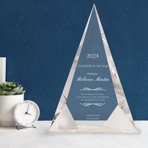 Personalized 6&quot; x 8&quot; Crystal Pyramid Plaque Award with Text and Logo Upload, Custom Engraved Glass Plaque Award Statue
