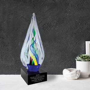Personalized 10 3/4&quot; Infinity Twist Art Glass Award, Custom Engraved Unique Colorful Glass Award Statue for Appreciation, Recognition
