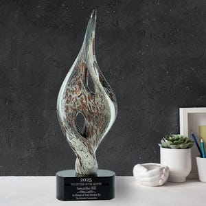 Ravanox Personalized 15&quot; Spire Twist Art Glass Award Statue, Custom Engraved Unique Blown Glass Sculpture for Appreciation, Recognition