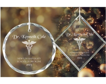 Personalized Doctor Caduceus Ornament, Custom Engraved Round or Diamond Shaped Crystal Ornament with Personalized Name and Medical School