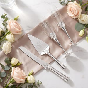Lenox Personalized True Love 4-Piece Wedding Bundle, Includes Pair of Custom Engraved Champagne Flutes with Cake Knife and Server Set