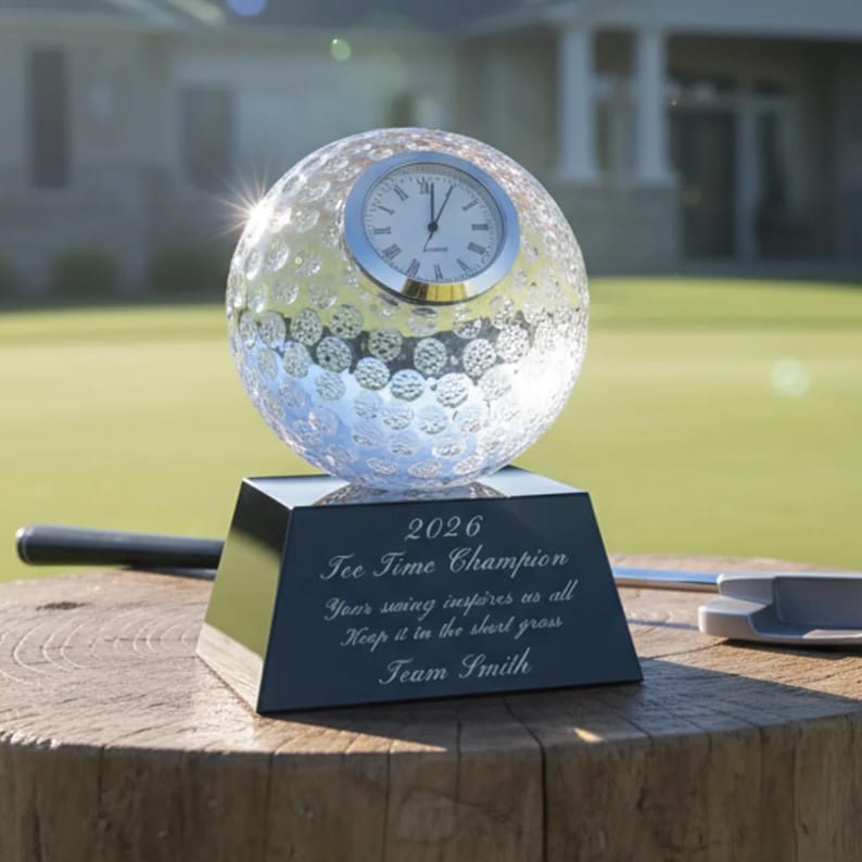 Ravanox Personalized 5" Clear Crystal Golf Ball Clock Award, Custom Engraved Glass Desk Clock for Golfers, Golf Trophy immagine 1
