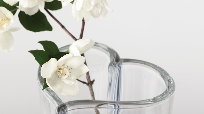 Op de afbeelding: Een heldere glazen vaas in hartvorm, met een takje witte jasmijnbloemen met groene bladeren. De bloemen staan in volle bloei, met delicate bloemblaadjes en gele centra. De vaas staat op een witte achtergrond.