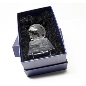 Personalized 6" Crystal Spinning Globe Award Statue, Custom Engraved Glass Award for Appreciation, Recognition, Retirement, World's Best imagen 6