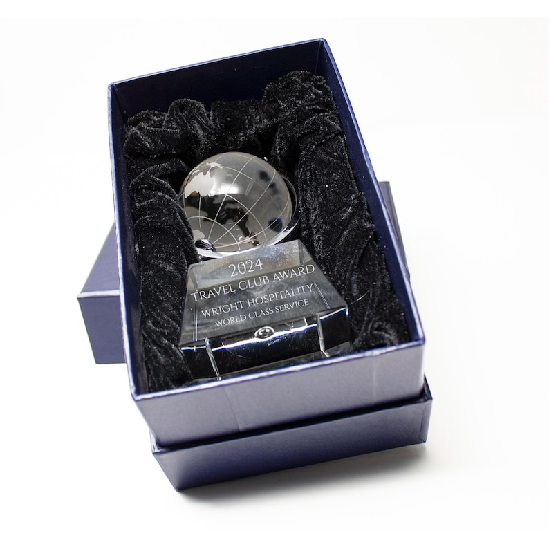 Personalized 6" Crystal Spinning Globe Award Statue, Custom Engraved Glass Award for Appreciation, Recognition, Retirement, World's Best imagen 6