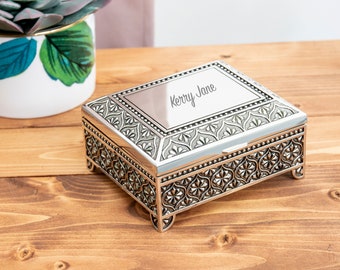 Personalized 4" Antique Silver Jewelry Box, Custom Engraved Nickel Plated Keepsake Box, Bridesmaid Wedding Gift for Her