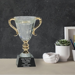 Ravanox Personalized 8 1/2&quot; Crystal Trophy Cup, Custom Engraved Ornate Glass Trophy Cup for Champions, Fantasy Football, Poker