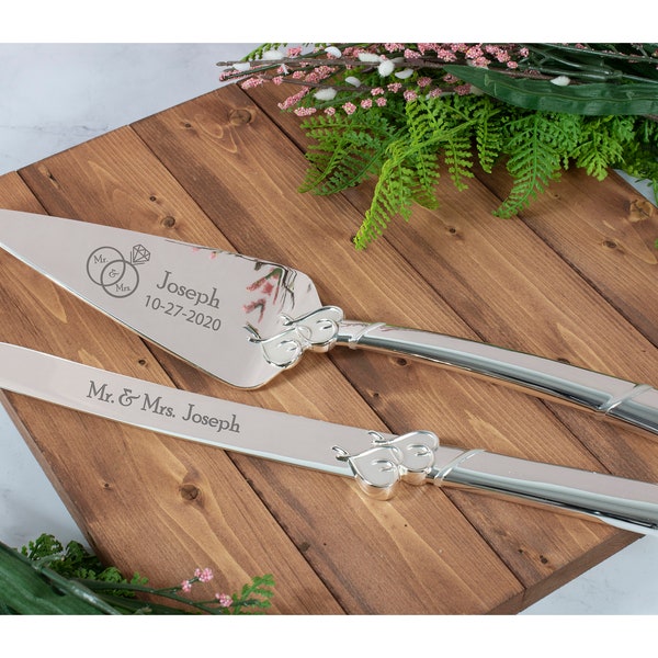 Lenox True Love Silver Personalized Wedding Cake Cutting Set / Custom Engraved Wedding Cake Knife and Server Set for Bride and Groom