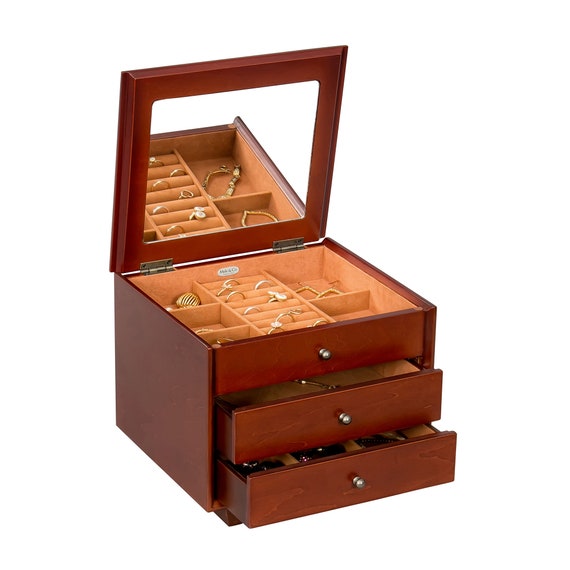 Mele & Co Personalized Hayden Wooden Jewelry Box with Drawers, Custom Engraved Jewelry Organizer Chest with Mirror