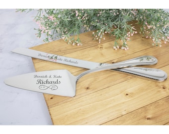 Reed and Barton Lyndon Silver Personalized Wedding Cake Cutting Set, Custom Engraved Wedding Cake Knife and Server Set for Bride and Groom