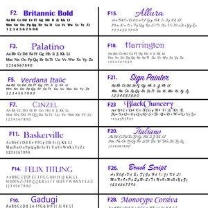 Puede incluir: Tabla de opciones de fuentes que muestra varios estilos de fuente, incluyendo Britannic Bold, Palatino, Verdana Italic, Cinzel, Baskerville, Felix Titling, Gadugi, Allura, Harrington, Sign Painter, BlackChancery, Italiano, Brush Script y Monotype Corsiva. Cada fuente se muestra con un ejemplo de alfabeto y n&uacute;meros.