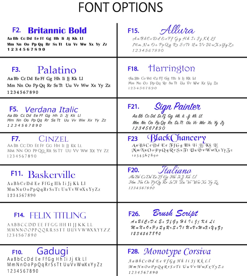 Puede incluir: Tabla de opciones de fuentes que muestra varios estilos de fuente, incluyendo Britannic Bold, Palatino, Verdana Italic, Cinzel, Baskerville, Felix Titling, Gadugi, Allura, Harrington, Sign Painter, BlackChancery, Italiano, Brush Script y Monotype Corsiva. Cada fuente se muestra con un ejemplo de alfabeto y n&uacute;meros.