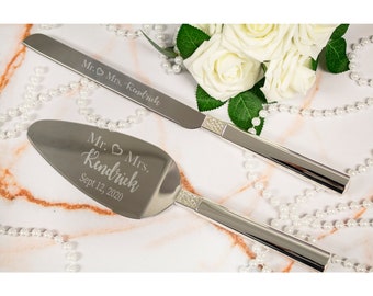 Waterford Lismore Diamond Silver Personalized Wedding Cake Cutting Set, Custom Engraved Wedding Cake Knife & Server Set for Bride and Groom