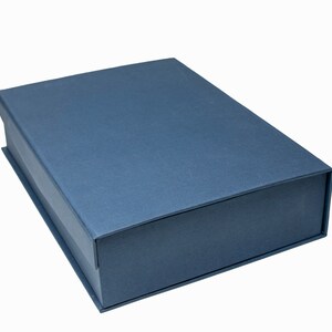 May include: A dark blue rectangular box with a smooth, textured surface. The box is closed and has a slightly rounded edge.