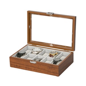 Mele & Co Jayson Personalized Glass Top Wooden Watch Box / Custom Engraved Mens Dresser Top Valet Organizer for Watches and Accessories