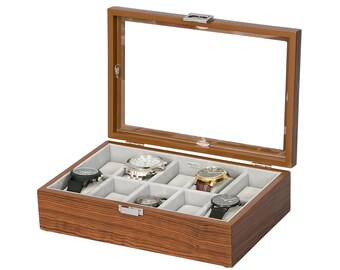 Mele & Co Jayson Personalized Glass Top Wooden Watch Box / Custom Engraved Mens Dresser Top Valet Organizer for Watches and Accessories