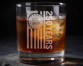 250 Years 1776-2026 Engraved Double Old Fashioned Glass with American Flag Design for America's 250th Birthday