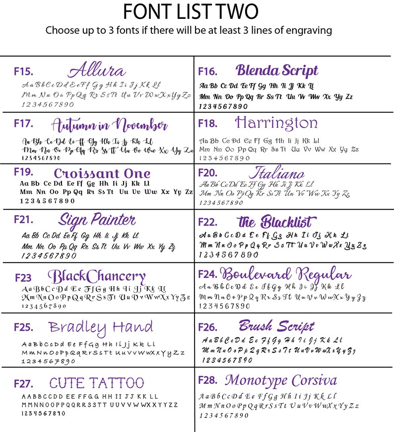 Puede incluir: Un gr&aacute;fico con una lista de 8 fuentes diferentes, cada una con una muestra de la fuente en texto morado. Las fuentes est&aacute;n etiquetadas con n&uacute;meros y nombres, como "Allura", "Blenda Script", "Autumn in November", "Harrington", "Croissant One", "Italiano", "Sign Painter", y "The Blacklist".