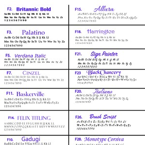 May include: A chart with 10 different font styles, each with a name and a sample of the font. The font styles are Britannic Bold, Allura, Palatino, Harrington, Verdana Italic, Cinzel, Baskerville, Sign Painter, Black Chancery, Italiano, Felix Titling, Gadugi, Brush Script, and Monotype Corsiva.