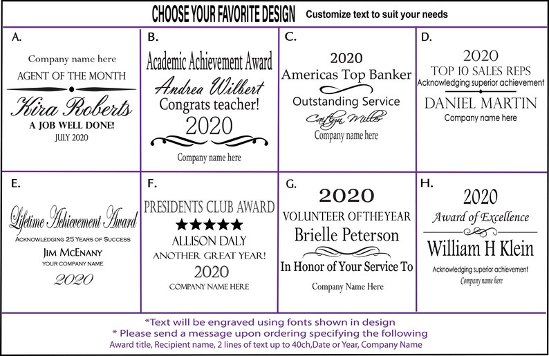 Puede incluir: Una imagen en blanco y negro que muestra ocho dise&ntilde;os diferentes de placas de premios. Cada dise&ntilde;o presenta un t&iacute;tulo de premio, un nombre de destinatario y un a&ntilde;o diferentes. El texto "Elige tu dise&ntilde;o favorito" est&aacute; en la parte superior de la imagen. El texto "Personaliza el texto para que se adapte a tus necesidades" est&aacute; en la parte superior derecha de la imagen.