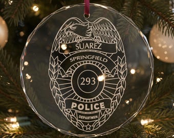 Personalized Police Badge Ornament, Custom Engraved 3.25" Glass Christmas Ornament for Police Officers, Law Enforcement 2026