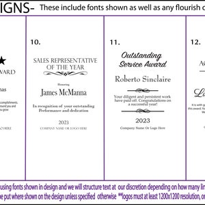 May include: Four different award certificate designs with black text on a white background. The designs feature different fonts, flourishes, and layouts. The text includes "Rising Star Award", "Sales Representative of the Year", "Outstanding Service Award", and "Achievement Award".
