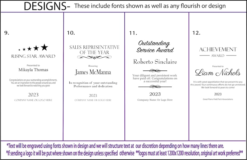 May include: Four different award certificate designs with black text on a white background. The designs feature different fonts, flourishes, and layouts. The text includes "Rising Star Award", "Sales Representative of the Year", "Outstanding Service Award", and "Achievement Award".