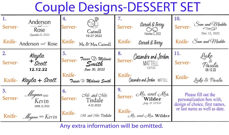 May include: A graphic showing 11 different designs for personalized serving and knife sets. Each design features a couple's names and wedding date. The designs are in a black and white color scheme with purple text.