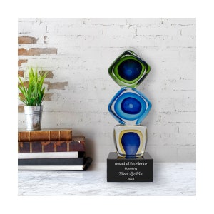 Ravanox Personalized 9.25&quot; Stacked Block Art Glass Award, Custom Engraved Unique Glass Award Statue for Appreciation, Recognition