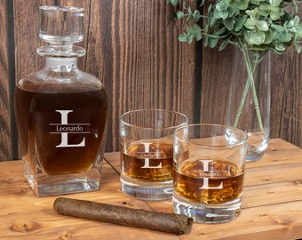 Lenox Tuscany Classics Personalized Crystal Whiskey Decanter Set / Custom Engraved Decanter and Glasses with Split Letter Monogram Design