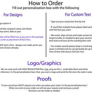Puede incluir: C&oacute;mo hacer un pedido: Una gu&iacute;a para personalizar dise&ntilde;os y texto para premios. Las instrucciones incluyen opciones de dise&ntilde;o, formato de texto y requisitos de logotipos/gr&aacute;ficos. Tambi&eacute;n menciona pruebas y revisiones.