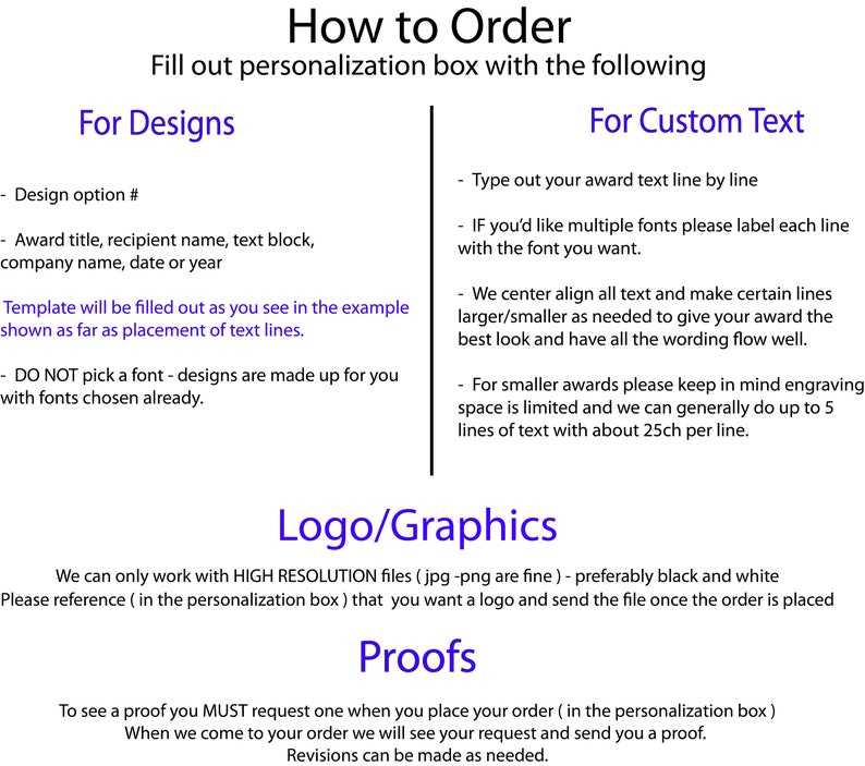 Puede incluir: C&oacute;mo hacer un pedido: Una gu&iacute;a para personalizar dise&ntilde;os y texto para premios. Las instrucciones incluyen opciones de dise&ntilde;o, formato de texto y requisitos de logotipos/gr&aacute;ficos. Tambi&eacute;n menciona pruebas y revisiones.
