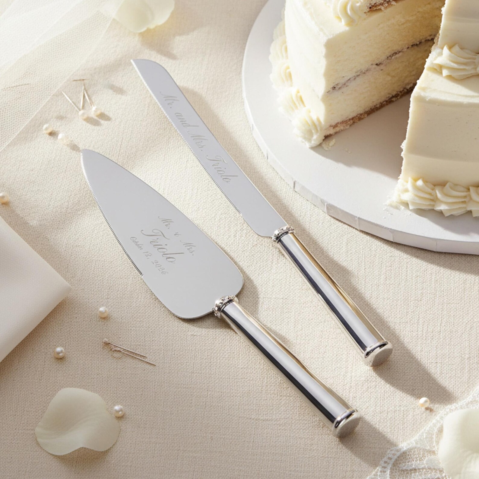 Lenox Bridal Cake Knife and Server Set, Personalized Silver-Plated Wedding Gift - Design 10, Server AND Knife