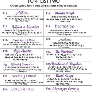 May include: A font selection chart titled FONT LIST TWO, featuring fourteen distinct typeface options labeled F15 through F28. Each entry displays the font name, the full alphabet in uppercase and lowercase, and numbers 0-9. Text reads: Choose up to 3 fonts if there will be at least 3 lines of engraving.