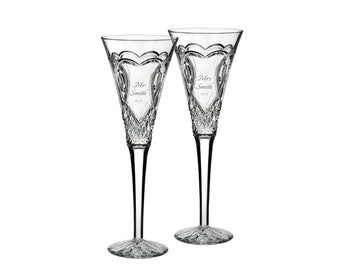 Waterford Personalized Wedding Toasting Flute Champagne Flutes, Custom Engraved Crystal Champagne Glasses for the Bride and Groom