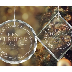 Personalized Baby's First Christmas Circular Wreath Ornament, Custom Engraved Crystal Birth Record Christmas Ornaments for Newborn Baby 2024