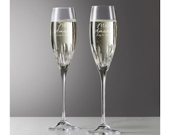 Vera Wang Wedgwood Personalized Duchess Wedding Champagne Flutes, Set of 2 Custom Engraved Cut Crystal Champagne Glasses for Bride and Groom
