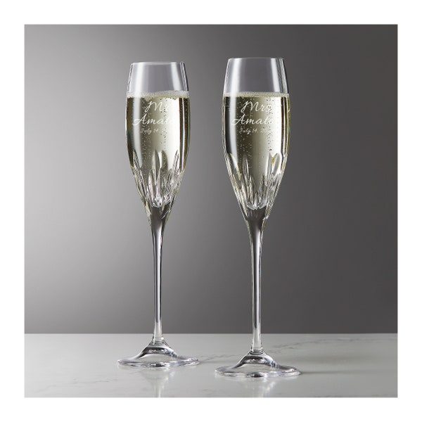 Vera Wang Wedgwood Personalized Duchess Wedding Champagne Flutes, Set of 2 Custom Engraved Cut Crystal Champagne Glasses for Bride and Groom